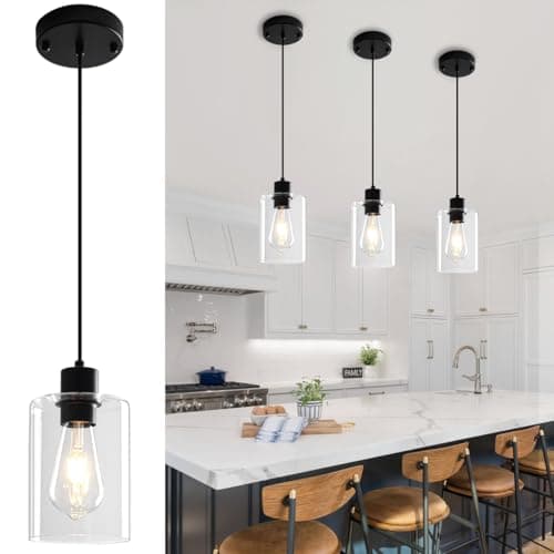 Black Pendant Lights Kitchen Island 3 Pack,Pendant Lighting Over Island Kitchen Hanging Light Fixtures Modern Glass Pendant Lights for Hallway Entryway Bedroom Dining Room