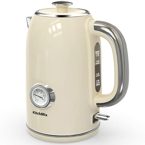 KitchMix Electric Kettle,1.7L Stainless Steel Tea Kettle with Thermometer,1500W Cordless Water Boiler with LED Indicator, Auto Shut-Off & Boil-Dry, Cool Touch Handle, BPA Free - Cream