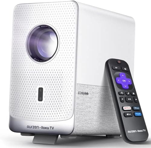 Aurzen Roku TV Smart Projector with Wifi and Bluetooth, D1R Cube Roku Streaming Experience Built-in, Sealed Optical Engine, 1080P FHD, DoIby Audio,Portable Mini Projector for Soccer Game/Outdoor Movie