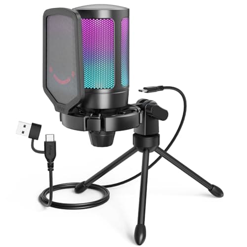 Fifine USB Gaming Microphone for Computer PC PS5, RGB Condenser Mic with Quick Mute, Gain Control, Tripod Stand, Pop Filter, Shock Mount, for Streaming Discord Twitch YouTube Videos-A6V