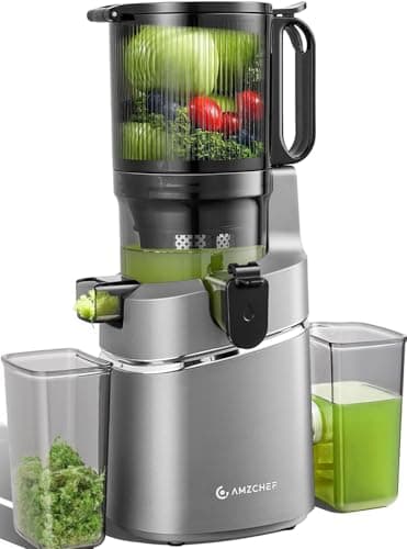 AMZCHEF Juicer Machine, 5.8" Extra Self-Feeding Cold Press Juicer for Whole Vegetable & Fruit, Masticating Juicer with Large Auger & Triple Strainers, Easy to Clean, High Juice Yield, Gray