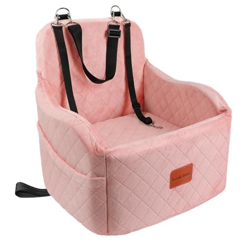 Lealchum Dog Booster Car Seat for Small/Medium Dogs,Puppy Portable Car Bed with Elevated Cushion,Fully Detachable and Washable,2 Storage Pockets,Easy to Install (Pink, Medium)