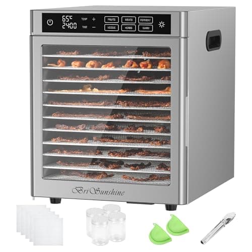 BriSunshine 12 Trays Food Dehydrator Machine, Double Wall Heat Insulation, 6 Preset Menus, 800W, 24H Timer, LED Light, Large Dehydrator for Beef Jerky, Dog Treats, Fruits, Vegetables, Herbs