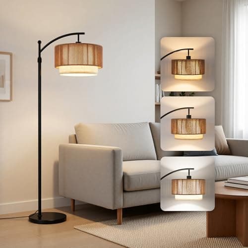 Floor Lamp for Living Room,57.5"-67" Height Adjustable Rattan Floor Lamps,3 Color Temps, Boho Standing Lamp with Rattan & Fabric Shades,Tall Lamp for Bedroom Office Apartment