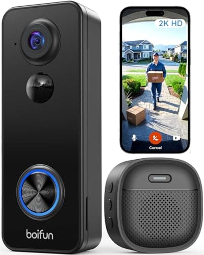 BOIFUN 2K Doorbell Camera Wireless, 180° Wide View, No Subscription, AI Human Detection, Head-to-Toe, HDR Night Vision, Two-Way Audio, Package Watch, Battery Powered with Chime, 2.4 GHz Wi-Fi Only
