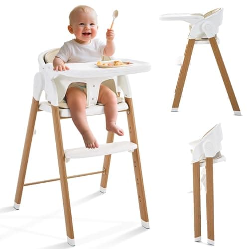 "Convertible High Chairs for Babies & Toddlers. 5-in-1 Adjustable High Chair with Removable Tray, Easy to Clean, Portable (White Khaki)"