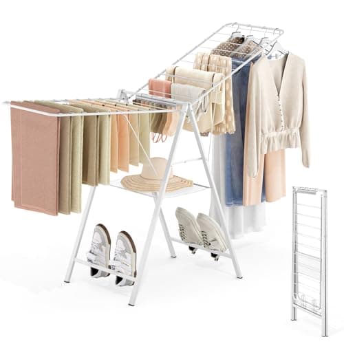 APEXCHASER Clothes Drying Rack Foldable, Metal Laundry Drying Rack Collapsible, Portable Compact Clothes Rack for Sweater Towel Indoor & Outdoor, Height Adjustable, White
