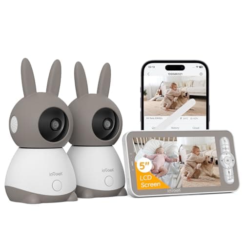 2K Video Baby Monitor with 2 Cameras, ieGeek 360° View Split Screen Baby Monitor WiFi Smartphone with 5" no WiFi LCD Monitor, Motion & Cry Detection, 2-Way Audio, 1000ft Range, Temperature, Lullabies