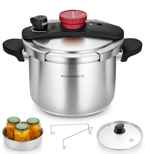 KOCH SYSTEME CS Pressure Cooker Stainless Steel 6 Litre, 3-in-1 Stainless Steel Pressure Cooker, One Hand Locking, 3 PSI Settings, Induction Compatible, Includes Glass Lid & Steamer