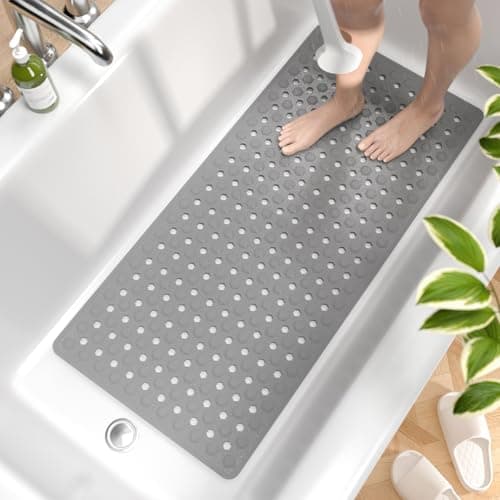 HITSLAM Bathtub Mat Non Slip, 89 x 40cm Long Bath Tub Mat, Machine Washable Bathroom Shower Mat with Suction Cups and Drain Holes, Quick Dry and Easy to Clean, Bathroom Accessories, Grey
