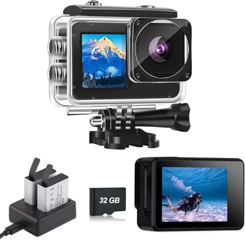 Xilecam Action Camera with 32GB Memory Card Waterproof Cameras 4*Zoom Dual Screen 131FT(40m) Waterproof Underwater Camera with 2X Batteries and Multifunctional Accessories Action Cam(Black)