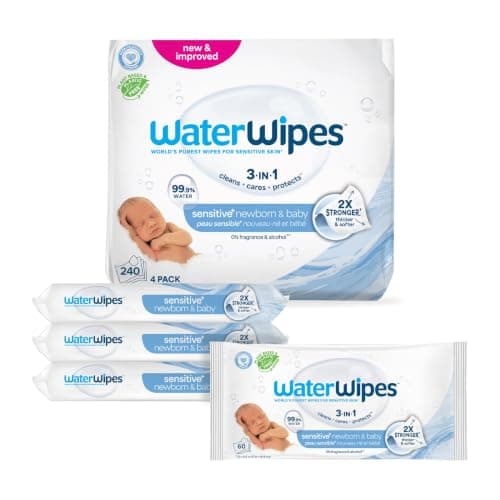 WaterWipes Plastic-Free Original Baby Wipes, 99.9% Water Based Wipes, Unscented & Hypoallergenic for Sensitive Skin, 240 Count (4 packs), Packaging May Vary