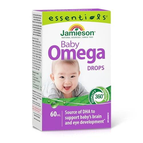Jamieson Baby Omega-3 Drops, with EPA and DHA, Proudly Canadian, Supports Brain and Eye Development. Naturally Flavoured, No Gluten, Artificial Colours, Flavours, or Preservatives, 60 mL