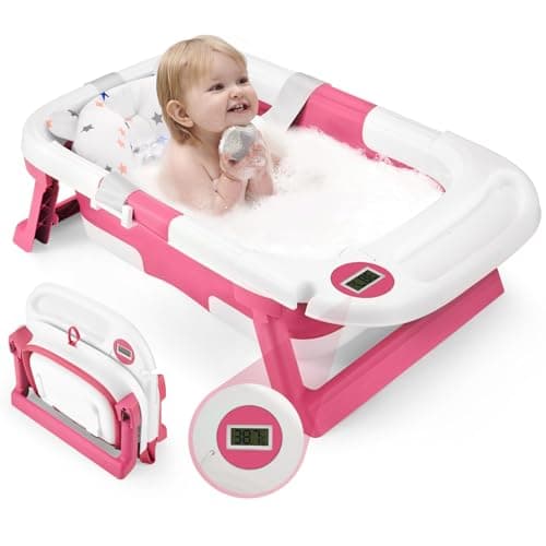 Baby Bathtub, Newborns Bath Essentials, Portable Bath tub For Infant 0-24 Months，Baby Shower Gifts With Soft Cushion,Temperature Sensor and Tray