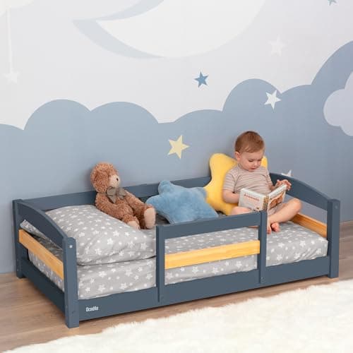 OCODILE Toddler Bed with Rails, Low Montessori Floor Bed, Standard Crib Size Wooden Kids Bed Frame for Independent Toddlers 1–3 - Grey