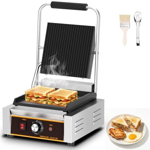 Popfoodex Commercial Panini Press - 1800W Electric Panini Sandwich Grill w/Nonstick Coating & Adjustable Temp, Panini Grill Press w/ 9"x9" Cooking Pan (Grooved Top & Flat Bottom), Double-sided Heating