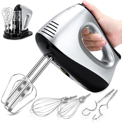 Hand Mixer Electric, Lychee 5 Speed 600W Ultra Power Handheld Mixer with Touch Button, Turbo, Storage Case, 6 Stainless Steel Accessories, Kitchen Aid Mixer for Cake Cookie Egg Cream Dough (Silver)