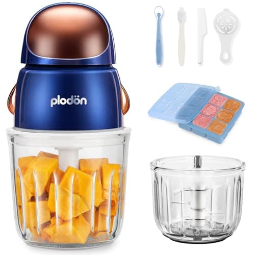 Plodon Baby Food Maker Mini Cute and Small Food Processor Puree Blender Grinder Chopper 1.2 Cup Glass Bowl with 6 Blade Electric (2 Bowls)