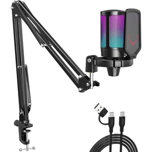 Fifine Gaming Microphone for PC Computer, USB Streaming Condenser Mic Kit with RGB, Quick Mute, Gain Knob, Boom Arm Stand, Pop Filter for Podcasts YouTube Discord-A6T