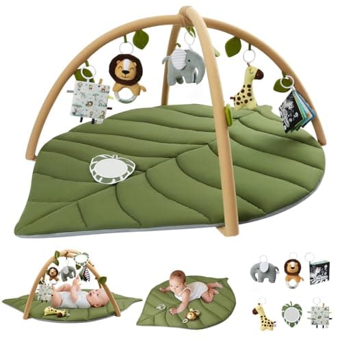 Blissful Diary Baby Play Gym & Activity Mat, Oversize Leaf Shaped Baby Play Mat w 6 Detachable Toys, Tummy Time Mat Promote Motor Skills & Sensory Development Mat