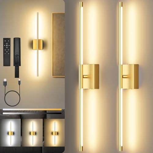 Battery Operated Wall Sconces Set of Two, 10000mAh Rechargeable Wall Lights with Remote Control, 360° Rotate Dimmable Gold LED Wireless Lamps for Bedroom, Living Room, Hallway, 29 Inch, 3CCT