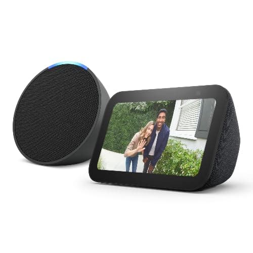 Amazon Echo Pop (newest model), Charcoal, Full sound compact smart speaker with Alexa + Echo Show 5, Smart display with deeper bass and clearer sound, Designed for Alexa+