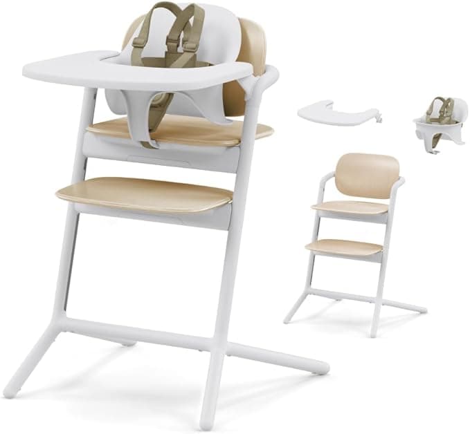 Cybex LEMO 2 Convertible High Chair, 3-in-1 Set, Grows with Child up to 209 lbs, One-Hand Height and Depth Adjustment, Anti-Tip Wheels Safety Feature - Sand White