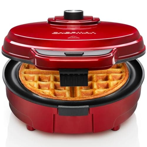Chefman Anti-Overflow Belgian Waffle Maker w/ Shade Selector, Temperature Control, Mess Free Moat, Round Iron w/ Nonstick Plates & Cool Touch Handle, Measuring Cup Included, Red