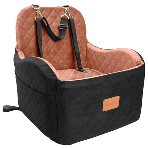 Lealchum Dog Booster Car Seat for Small/Medium Dogs,Puppy Portable Car Bed with Elevated Cushion,Fully Detachable and Washable,2 Storage Pockets,Easy to Install (Black/Brown, Medium)