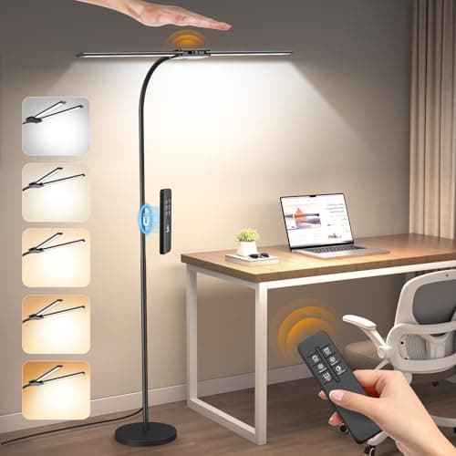 Syrinx LED Floor Lamp with Dual Head for Living Room,Gooseneck Tall Standing Lamp with Remote Control & Gesture Switch,18W Bright Eye-Caring Floor Lamps for Home Office,Reading,Working,Craft,Tattoo
