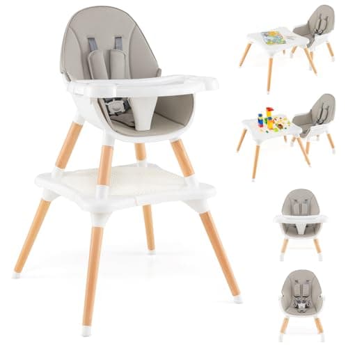 HONEY JOY Baby High Chair, 6-in-1 Convertible Wooden Highchair for Babies and Toddlers/Building Block Table, Toddler Dining Chair w/Safety Harness, Removable Feeding Tray & Seat Cushion (Gray)