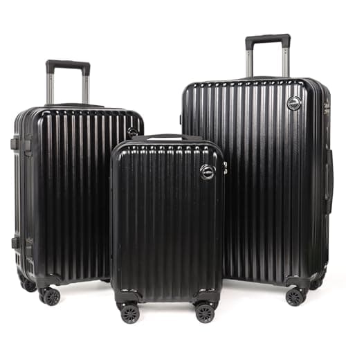 Aklsvion 3-Piece Hardside Luggage Set, ABS+PC Spinner Suitcase with Anti-Burst Zipper & Built-in Lock, 20/24/28 Inch (Black)