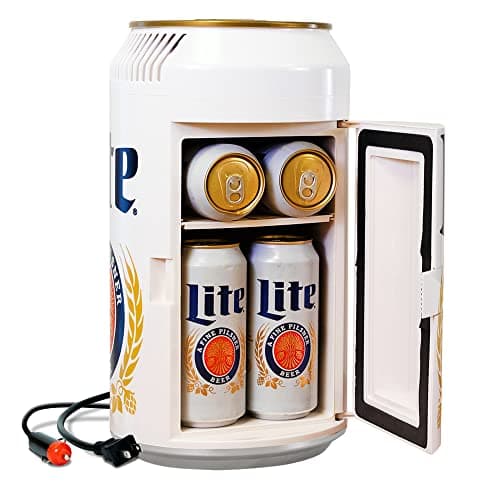 Miller Lite Mini Fridge - Refrigerator for Bedroom Office, Portable Table Top Beverage Cooler, 12V 110V Refrigerador For Drinks, Soda, Wines,Use In Car, Outdoor, Patio, 8 Can,Made In Canada