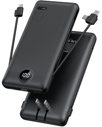 VRURC Portable Charger with Built-in Cables and AC Wall Plug, 10000mAh Power Bank USB C Phone Charger 5 Output 2 Input LED Display Ultra Slim External Battery Pack Compatible with Smart Devices-Black