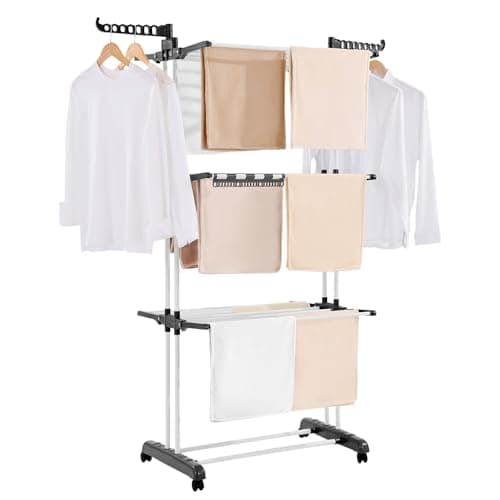 VEVOR Clothes Drying Rack, 4-Tier Foldable Laundry Dryer Rack, Metal Drying Racks with 24 Drying Rods, Free-Standing and Portable Hanger with 4 Castors and Two Side Wings for Outdoor & Indoor Use