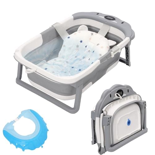 Baby Bath Tub Foldable Baby Bathtub,Baby Bathtub with Support Cushion Pad,Anti-Slip Portable Travel Shower Bathing Basin for Newborn Baby (Grey)