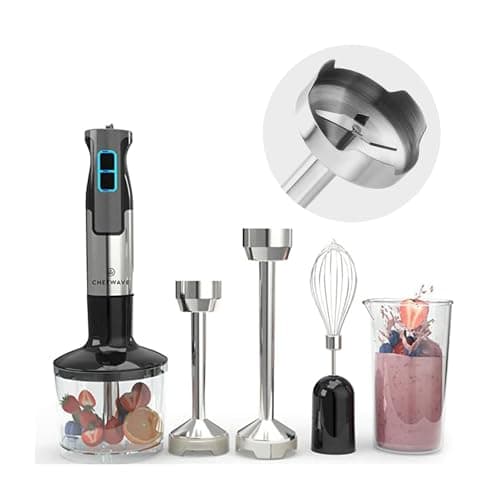 ChefWave Intermix Immersion Blender Handheld, 500W 5-in-1 Multi-Purpose Hand Blender, 9-Speed Stick Blender, 20oz Beaker, 20oz Chopper, Egg Whisk, 6.3in & 8.5in Immersion Wands, Black