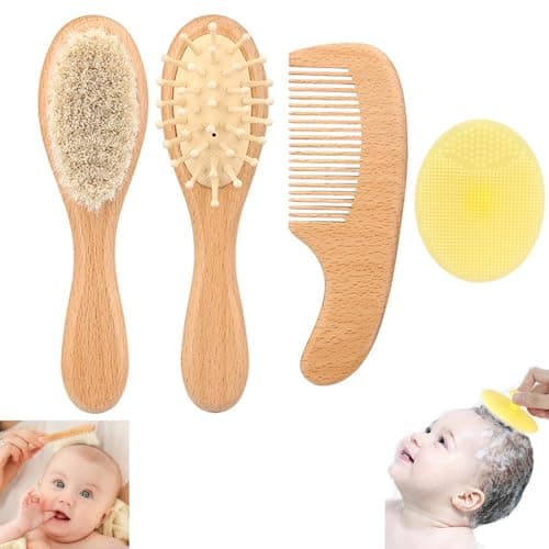 Suweiyuanshiyi 4PCS Baby Hair Brush and Comb Set for Newborn, Wooden Baby Brush with Natural Ultra Soft Goat Hair, Baby Hair Brush for Newborn, Baby Brush Set for Boy Girl