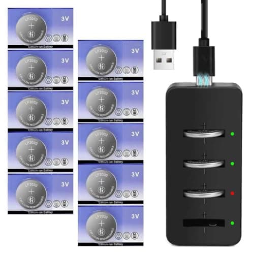 LF2032 Rechargeable Battery with Charger, 10 Pack LF2032 Lithium 3V Coin Button Cell Batteries for Car Remote Key Fob, Apple Air Tag Watch, Replace 2032, CR2032, LIR2032, ML2032, DL2032, BR2032