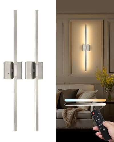 32 Inch Rechargeable Battery Operated Wall Sconce 2 - Wireless 3000K/4500K/6000K Dimmable Timer, Remote Touch Control USB-C Charging 360° Rotation for Living Room Sand Nickel 2 Pack