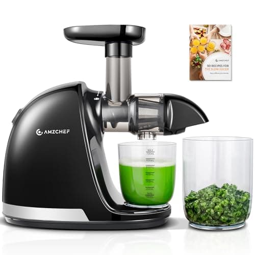 AMZCHEF Cold Press Masticating Juicer Machine - 90% Yield Reverse System, Quiet Motor for Home & Breakfast, 3-Step Clean with Brush, Includes 50+ Juice Recipes, Silver Black
