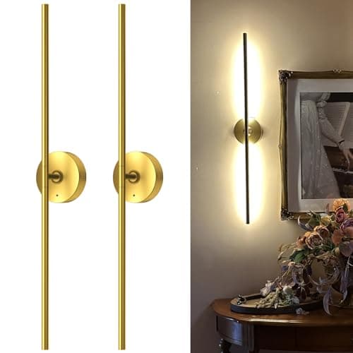 Battery Powered Wall Sconce Set of Two: 10000mAh Wireless Rechargeable Wall Light with Detachable Battery and Remote, 360° Rotatable Scone Wall Decor for Bedroom Bathroom Hallway, Gold, 31.5inch