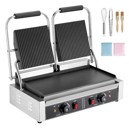Uargd Commercial Panini Grill, 3600W Electric Sandwich Maker, Stainless Steel Double Press Grill with Handle and Temperature Control, 19x9 in Flat Enamel Plate for Burgers, Steaks, and Bacon