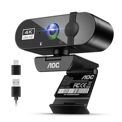 AOC 4k Webcam for PC with Microphone, Computer Camera with Noise Cancellation, Privacy Cover, 99° FOV, Plug & Play USB Webcam for Streaming, Conferencing, Skype, Facetime, Laptop, PC, Skype