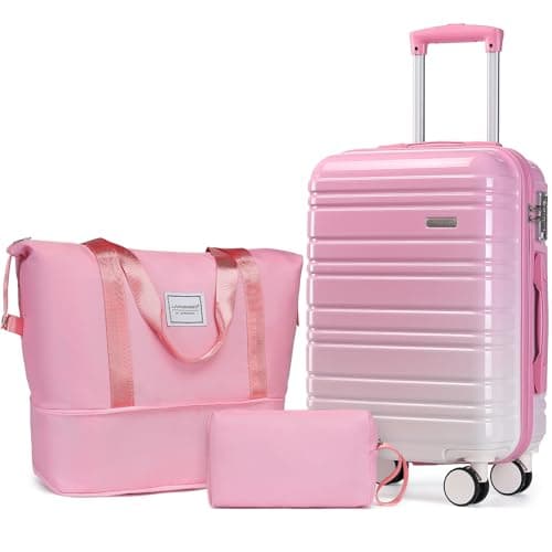 LARVENDER Luggage Sets 3 Piece, 20 Inch Carry on Luggage 22x14x9 Airline Approved Hardside PC+ABS Suitcase Set with Spinner Wheels TSA Lock, Lightweight Suitcase for Women, Peach Sparkling