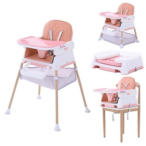 3 in 1 Baby High Chair, Convertible Baby High Chairs for Babies and Toddlers, Hrusitoo Adjustable Compact Infant Feeding Chair (Pink Chair)