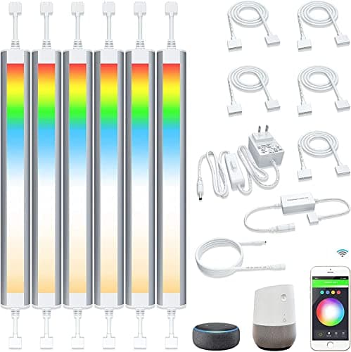 Smart Under Cabinet Lighting Works with Alexa,Google Assistant,Under Counter Light for Kitchen Plug In,RGB Color Changing & White Dimmable,Smart APP,Remote Control Cabinet LED Lights Bar,Linkable,6pcs