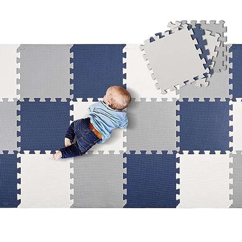LIVINGbasics Baby Play Mat, 1cm Cushioned 18 pcs Puzzle EVA Foam Exercise Play Mat 1.62 Sqm Coverage Interlocking Floor Tiles, Portable Crawling Floor Mats for Kids Toddler (Blue)