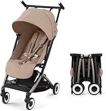 CYBEX Libelle Travel Stroller - Carry-On Compliant, Ultra-Compact & Lightweight (13.7 lbs), Easy & Compact Fold, One-Pull Harness, Adjustable Recline, Travel System Ready – Almond Beige/Taupe Frame