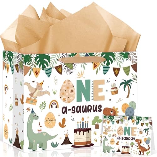 Large Baby Boy 1st Birthday Gift Bag, One a Saurus Wrapping Paper Bag,Dinosaur First Party Decoration Gift Bag with Greeting Card and Tissue Paper for Dino One Years Old Birthday Party Supplies